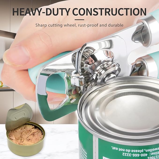Can Opener Manual, Heavy Duty Stainless Steel Smooth Edge Can Openers With Soft Touch Handle, Oversized Handheld Easy Turn Knob, Multi-Function Bottle Opener, Aqua Sky
