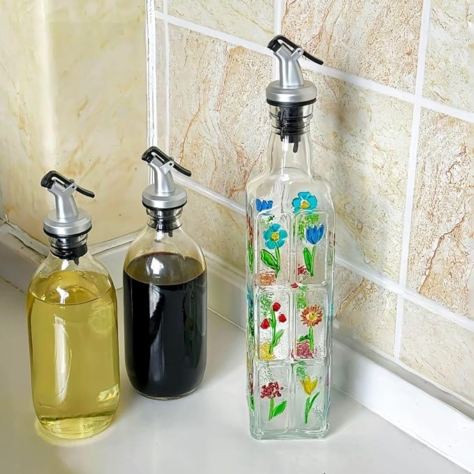 Glass Olive Oil Bottle Dispenser with Stainless Steel Nozzle Plug, 500ml Flowers Bouquet Embossed Square Oil and Vinegar Cruet, Decorative Oil Dispensers Carafe Decanter for Kitchen, 16.9 oz(Colorful)