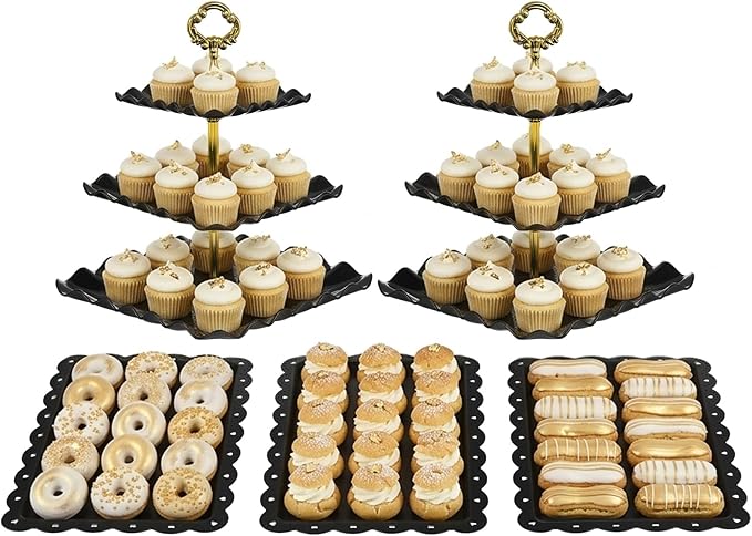 NWK 5 Piece Cake Stand Set with 2 x Large 3-Tier Cupcake Stands, 3 x Appetizer Trays, for Wedding Birthday Baby Shower Tea Party Decorations (Black)