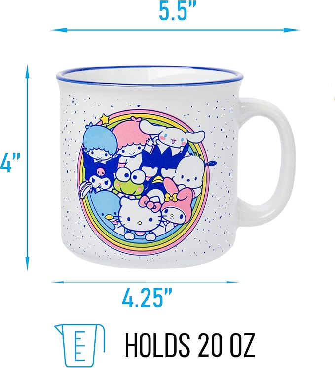Silver Buffalo Sanrio Hello Kitty Friends Featuring Little Twin Stars, Cinnamoroll, Kuromi, Keroppi, Badtz-Maru, Pochacco, Tuxedo Sam, My Melody, Pompompurin, Chococat Ceramic Camper Mug, 20 Ounces