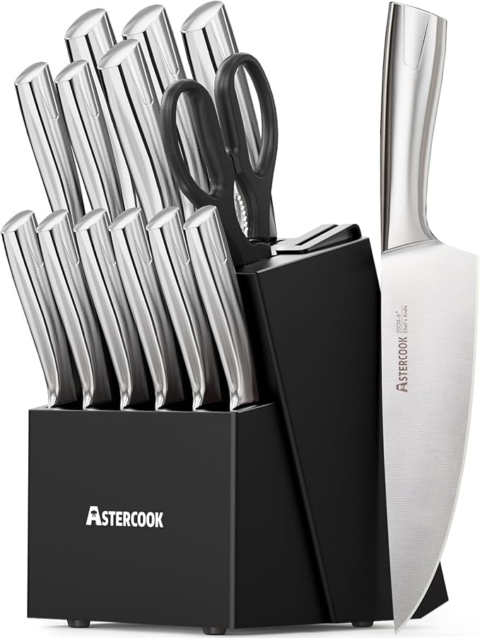 Astercook Knife Set, Kitchen Knives Set with Block and Sharpener Full Tang 15 Pcs Premium Stainless Steel Knives, Dishwasher Safe Knife Set with Anti-slip Ergonomic Handle, Black