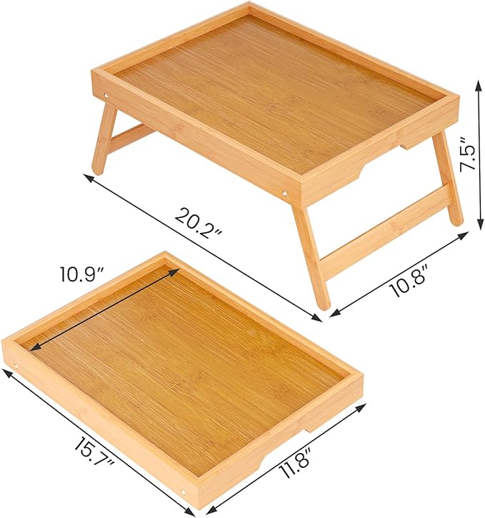 3 Pack Bamboo Bed Tray Table with Folding Legs,Breakfast Trays,Serving Tray,Laptop Tray for Working,Food Snack Tray for Bed and Sofa(Natural)