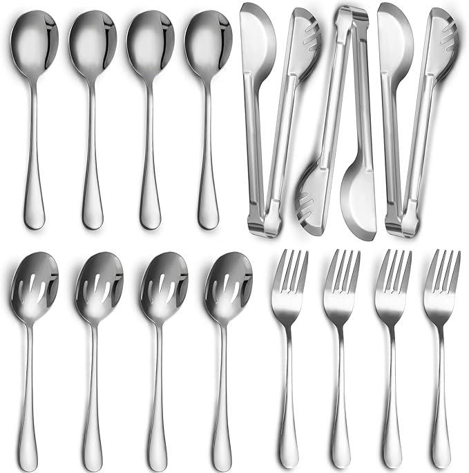 Patelai 15 Pcs Silver Stainless Steel Serving Utensils Set 8.7" Large Spoons and Slotted Spoon 9.45" Tong 9" Forks Flatware Wedding Valentine Day Holiday Party Buffet Banquet Cooking Kitchen Catering
