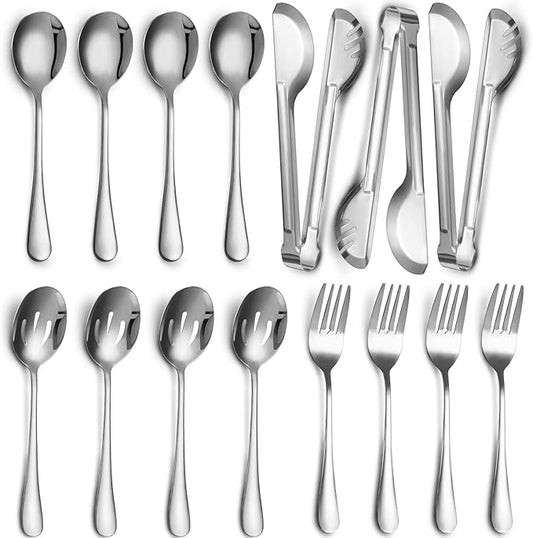 Patelai 15 Pcs Silver Stainless Steel Serving Utensils Set 8.7" Large Spoons and Slotted Spoon 9.45" Tong 9" Forks Flatware Wedding Valentine Day Holiday Party Buffet Banquet Cooking Kitchen Catering