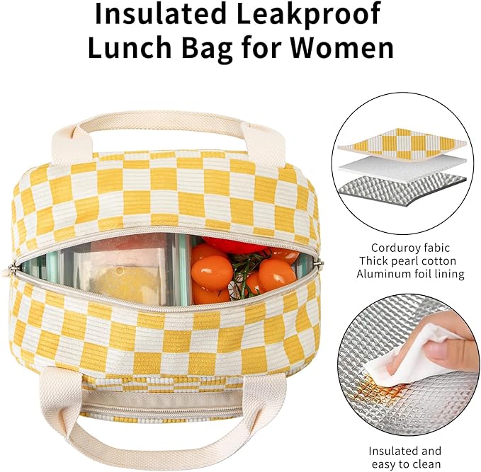 Lunch Bag Women Lunch Box for Women Adult Cute Insulated Lunch Bag Small Cooler Lunch Tote Bags for Work Picnic Travel (Beige-Yellow Plaid)