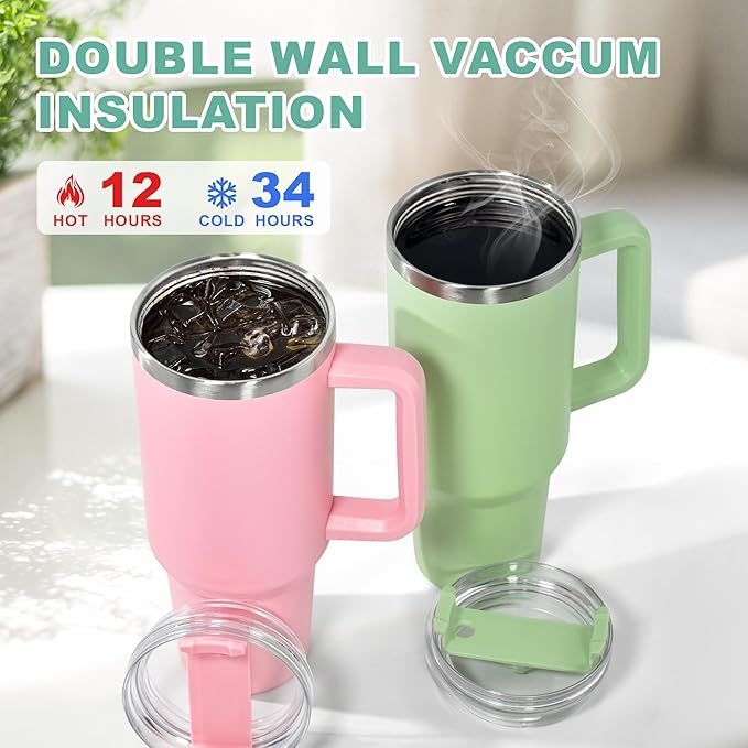 40 oz Tumbler with Handle and Straw, 100% Leak-Proof Travel Mug, Stainless Steel Double Wall Vacuum Insulated Coffee Cup Keeps Cold For 34 Hours, Dishwasher Safe, Teal