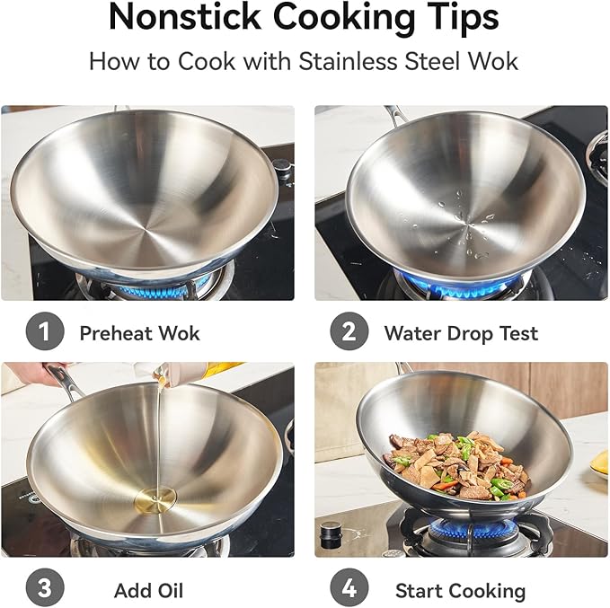 WANGYUANJI 12" Stainless Steel Wok Pan with Lid for 3-4 Servings, 4.2 QT Tri-Ply Flat Bottom Stir Fry Pan for Asian Cuisine, 18/10 (304) Induction Wok, Oven Safe