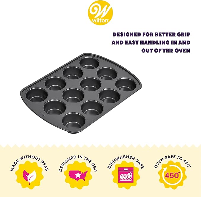 Wilton Gold Non-Stick 12 -Cup Muffin Pan, Cold-Rolled Steel Bakeware, Made without PFAS, 10.5 x 15 x 1.4 in, Packaging May Vary