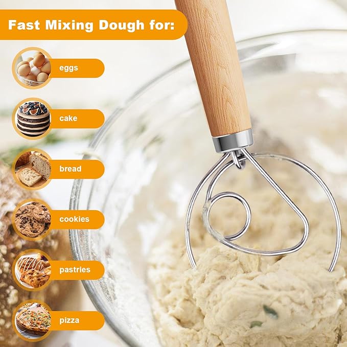 2-Pack Danish Dough Whisk, 13-Inch Dutch Whisk with Stainless Steel Ring, Dutch Bread Whisks for Sourdough, Pizza, Pastry, and Cookies, Essential Kitchen Cooking Safe Mixing Tool