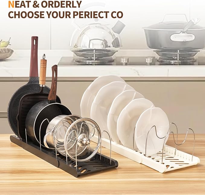 Expandable Pot and Pan Organizers Rack, Stainless Steel Adjustable Dividers, Pot Lid Holder, Kitchen Cabinet Organizer and Storage, 12'-23.2' Wide (GJ02-2)