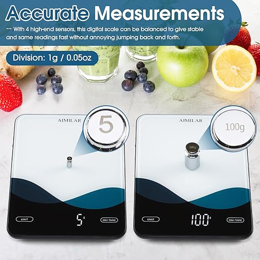 AIMILAR Bluetooth Kitchen Scale 10kg/22lb - Smart Nutrition Food Scale with App Calorie & Macro Tracker, Nutritional Analysis, USB-C Rechargeable, Tempered Glass, LED Display, Tare, g/lb:oz/oz/ml