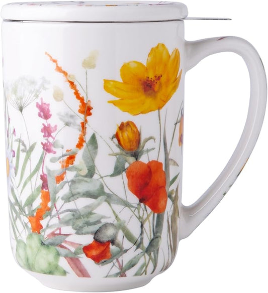 AmorArc Porcelain Tea Mug with Infuser and Lids, 18 Oz Large Cup Strainer with Bag Holder for Loose Leaf Tea, Steeping Coffee Mug for House-warming Wedding Birthday Gift