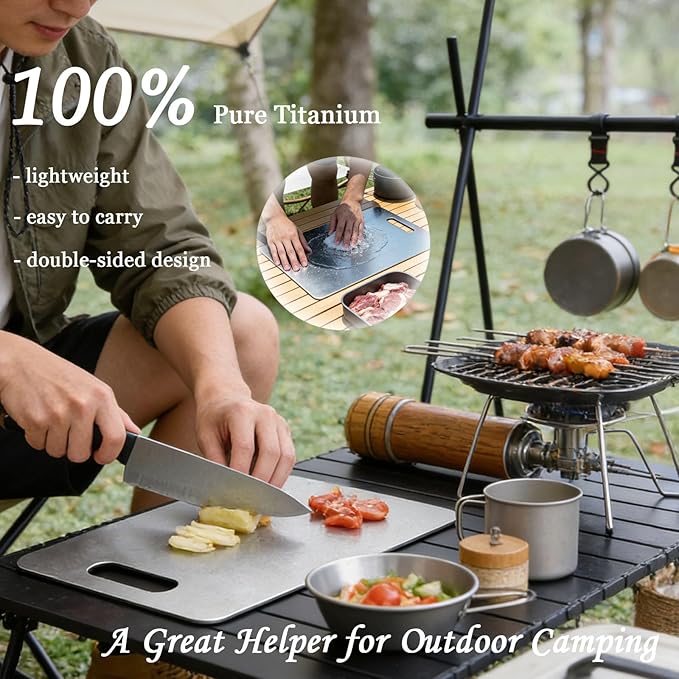 100% Pure Titanium Cutting Board, Double-Sided Titanium Cutting Boards for Kitchen Dishwasher Safe, Camping Metal Charcuterie Chopping Board Mat for Meat, Fruit & Cheese (M, 9.6”×6.1”)
