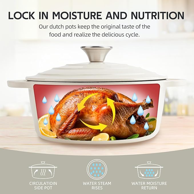 4 Quart Dutch Oven Enameled Cast Iron with Lid - Big Dual Handles - Oven Safe up to 500°F - Classic Round Pot for Versatile Cooking Cream