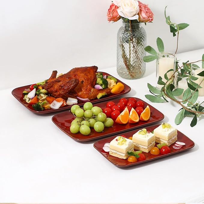 vicrays Ceramic Rectangle Serving Platters - 14" 12" 10" Porcelain Serving Trays Plates for Party BBQ Appetizers Sushi Dessert - Microwave Oven and Dishwasher Safe - Set of 3 -Cherry Red