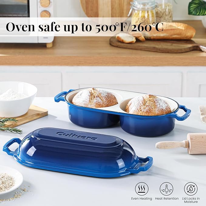 Cast Iron Bread Pan with Lid, Enamel Sourdough Baking Dutch Oven Pot, Double Round Loaf Space for Homemade, Bread, Cake, Meatloaf, 16.5cm Diameter, 500°F Oven Safe, Non Stick, Blue