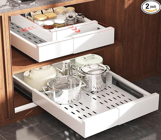2 Pack Pull Out Cabinet Organizer Expandable Width(11"-16") and Depth(17"-24"),Slide Out Drawers with Raising Pad for Framed Cabinets,No Drill Roll Out Shelves for Kitchen,Bathroom,White
