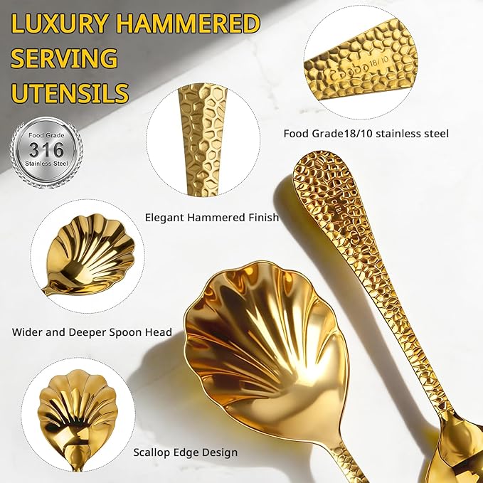 4Pack Serving Spoons 18/10 Stainless Steel Large Serving Spoons Set, Hammered Long Handle Serving Spoons for Buffet, Scalloped Design Serving Utensils for Kitchen Party Buffet Banquet (Gold)