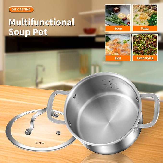 DELARLO Whole Body Tri-ply Stainless Steel Stock Pot with Lid 3.5QT, Cooking Pot Food Grade Cookware, Durable Soup Pot with Glass Lid,Suitable for All stoves, Dishwasher Safe