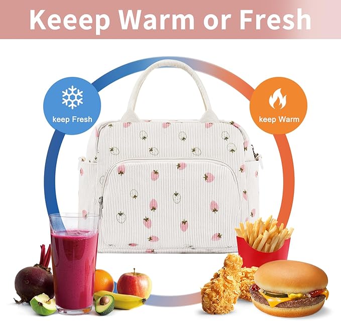 Lunch Box for Women Insulated Lunch Bag Women Adult Cute Lunch Bags Reusable Lunchbox Cooler Tote Bag for Work Picnic (Beige-Light Strawberry)