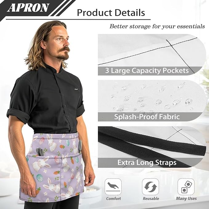 Server Waitress Waist Apron with 3 Pockets, Short Aprons for Servers,Waiter Apron For Waiter Accessories