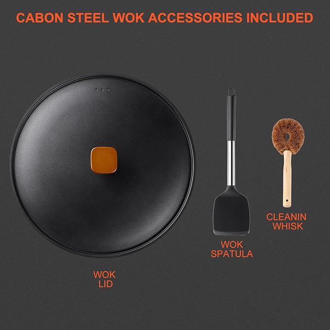 13" Nonstick Wok - Wok Pan with Lid, Carbon Steel Woks & Stir-Fry Pans: Flat Bottom Chinese woks for Electric, Induction, Gas, All Stoves