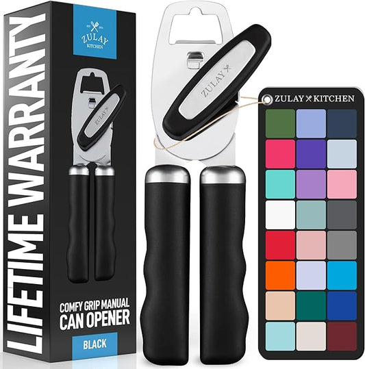 Zulay Kitchen COMFY™ Can Opener Manual with Bottle Opener - Rust Proof Stainless Steel Manual Can Opener With Turn Knob & Comfy Soft Grip Handles - Black