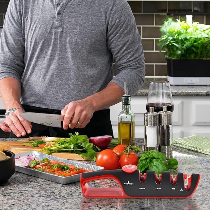 4-in-1 Manual Knife Sharpener for Kitchen Knives & Scissors – Tungsten Carbide and Ceramic Sharpening Stones with Non-Slip Base, Adjustable Angle Guide for All Blade Types (Black)