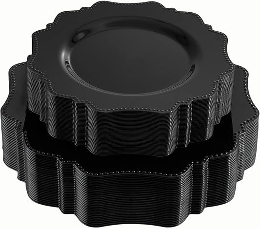 COLOSUS Black Plastic Plates Set,Heavy Duty Black Disposable Plates for 30 guests,Include 30PCS 10.5inch Dinner Plates and 30PCS 8.25 inch Dessert Plates for Party/Wedding/Birthday