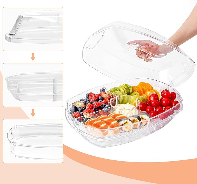 IVYHOME Fruit Ice Serving Tray, Chilled Veggie Tray, Shrimp Cocktail Serving Dish, Appetizer Serving Platter for Parties, with Lid and 4 Compartments