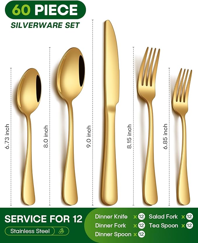 60 Piece Gold Silverware Set, Stainless Steel Flatware Set for 12 Food Grade Cutlery Utensil Set Include Knife Fork Spoon Mirror Polished Dishwasher Safe