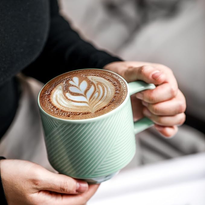 Stackable Coffee Mugs with Rack: 13 oz Stacking Ceramic Cups with Stand - Porcelain Stacked Tea Mug Set of 4 (Mint Green)
