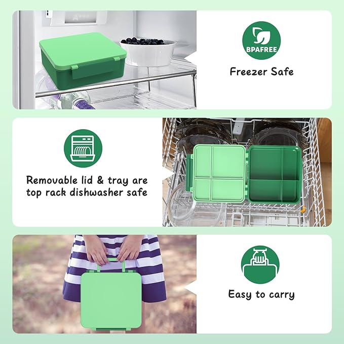 Bento Lunch Box Kids with 8oz Soup Thermo, Leak-Proof Lunch Containers with 4 Compartment, Thermo Hot Food Jar and Insulated Lunch Box for School Green