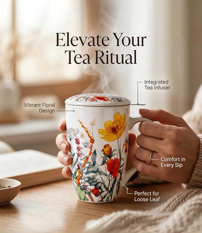 AmorArc Porcelain Tea Mug with Infuser and Lid – 18oz Loose Leaf Tea Cup with Handle, Gift for Tea Lovers (Men & Women)