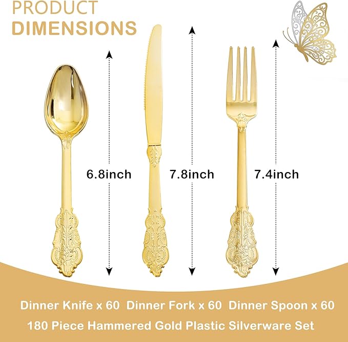 Supernal 360pcs Gold Plastic Silverware,Disposable Silvereware Heavy Duty, Gold Plastic Cutlery, 120 Plastic Forks and Spoons,Knives Perfect for Birthday, Wedding Halloween Thanksgiving Chirstmas