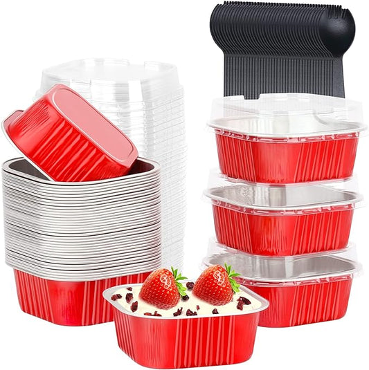 LNYZQUS 10oz Square Baking Cups Brownie Pans with Lids 40 Pack, Disposable Ramekins Mini Cake Pan,4”X4” Aluminum Jumbo Cupcake Muffin Tin Dessert Holder for Christmas-Red