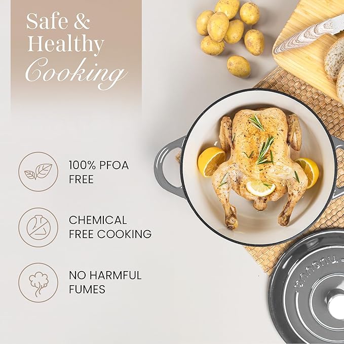 Cast Iron Dutch Oven with Lid – Non-Stick Ovenproof Enamelled Casserole Pot – Sturdy Dutch Oven Cookware – Grey, 7.3-Quart, 30cm – by Nuovva