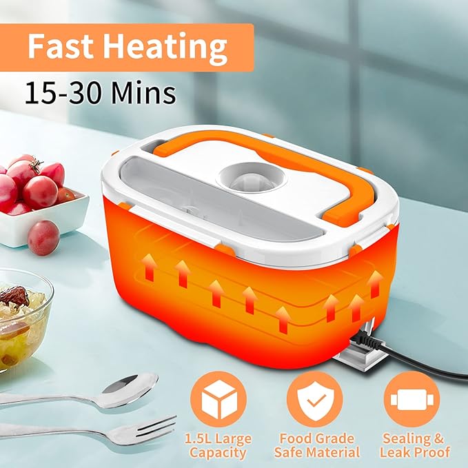 Electric Lunch Box, Food Warmer Heater 12V 24V 110V, 80W Faster Heated Lunch Box for Car/Truck/Home Portable Heating Boxes with 1.5L 304 SS Container Fork & Spoon, White+Orange