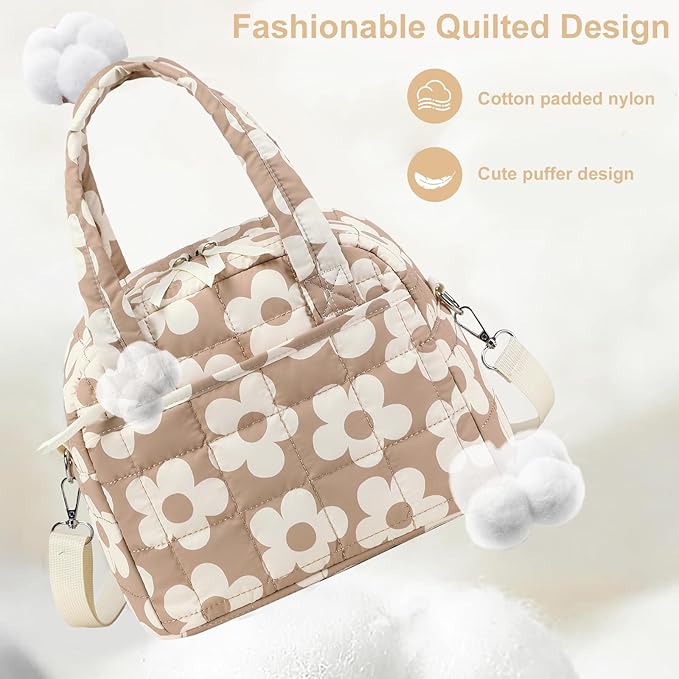 LEDAOU Lunch Box for Women Lunch bag Quilted Puffer Insulated Lunch Box with Adjustable Strap Reusable LunchBox for Work School Picnic Travel (Big Flower Brown)