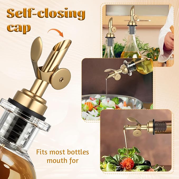 4 PCS Olive Oil Spout, Oil Spout for Olive Oil Bottle, Stainless Steel Self Closing Bottle Pourers, Weighted Oil Dispenser with Funnel and Brush for Wine, Vinegar, Syrup, Kitchen and Bar
