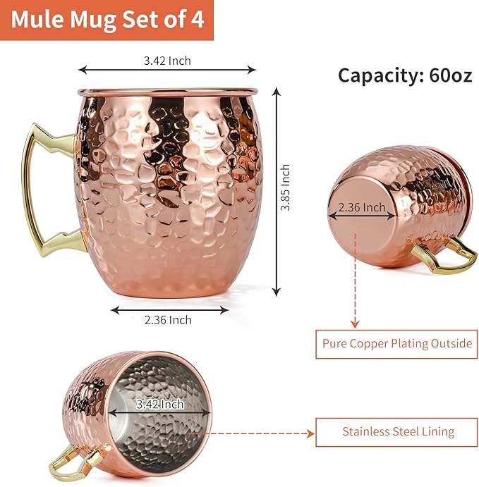 Moscow Mule Mugs Set of 4, 16 OZ Hammered Copper Cups with 304 Stainless Steel Lining and Gold Brass Handles, Includes Straws, Opener, Jigger, Brush, Fit for Cold Drinks, Bars, Parties