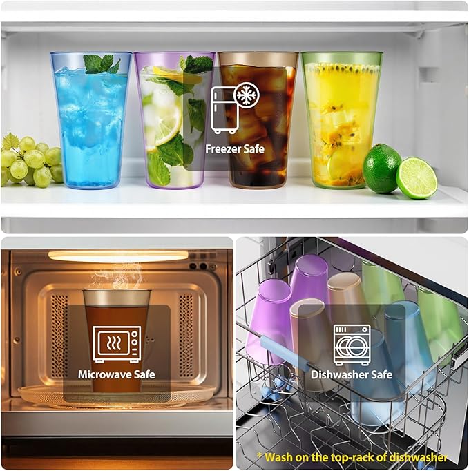 Freshmage 8 Pack Plastic Reusable Drinking Glasses, 20oz Colorful Drinking Cups, BPA-Free, Shatter-Proof, Dishwasher & Microwave Safe, Stackable Tumblers for Home, Outdoor, Party, Picnic, Pool