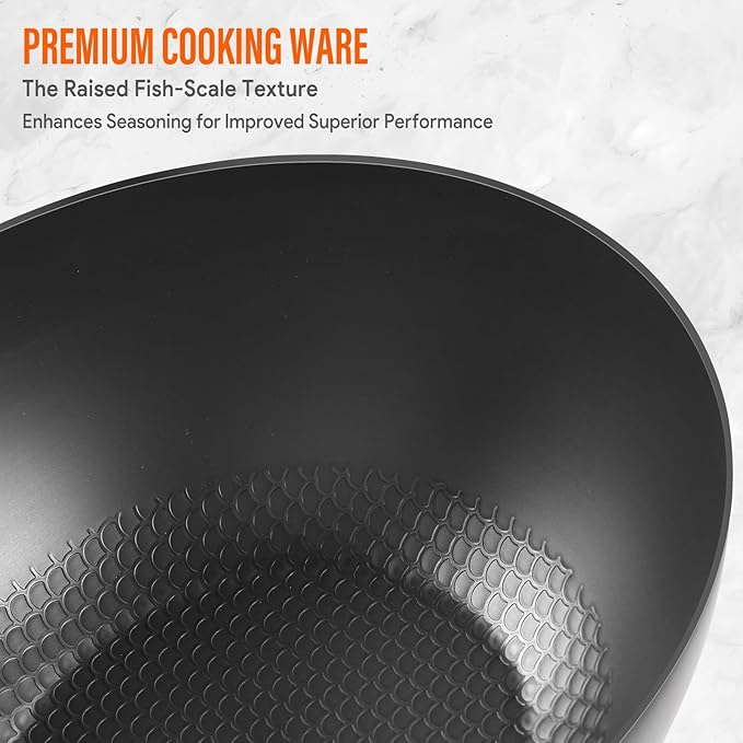 Carbon Steel Wok Pan, 9.5" Authentic Chinese Stir-Fry Pans Set with Glass Lid, 1.65lb Lightweight Flat Bottom Small Wok for 1-2 Servings