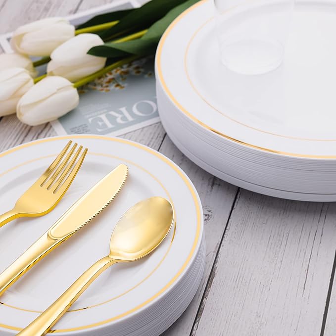 N9R 60PCS Gold Plastic Silverware - Gold Plastic Cutlery Set Disposable Flatware Dinnerware -30 Forks, 15 Spoons, 15 Knives for Party, Thanksgiving, Christmas