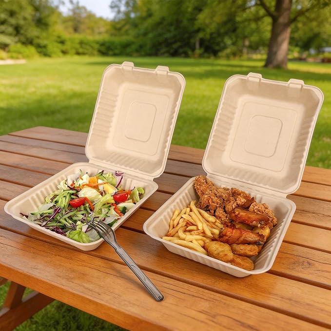 Aricsen Compostable 50 Pack 8 Inch Takeout Lunch Box Containers with Lid To Go Take Out Clamshell for Food, Disposable Eco-Friendly Biodegradable Bagasse, PFAS-Free, Brown