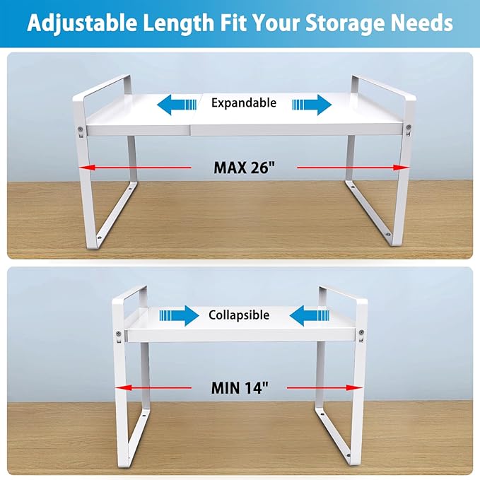 Expandable Cabinet Countertop Shelves, 11" Deep Cabinet Shelf Organizer Riser for Kitchen Pantry Cupboard Under Sink Countertop Organization Storage, Adjustable Metal Organizer Shelf with Nonslip Legs