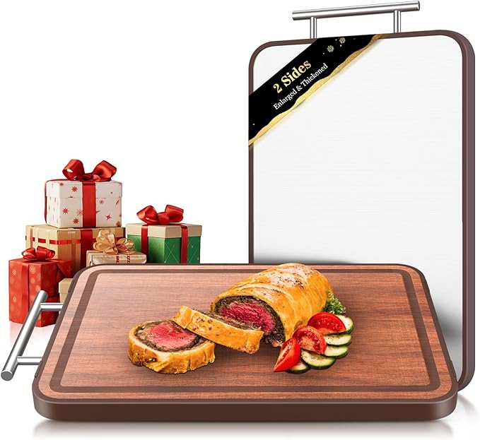 Stainless Steel Cutting Board For Kitchen With Lip(Wood & Metal, 16.3"x11"), Non Plastic Ebony Wood Double Sided Cutting Boards, Charcuterie Chopping Board for Defrost | Best Gift Idea