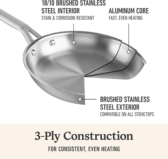 Calphalon Brushed 3-Ply Stainless Steel Cookware w/Turbo Heat Tech 10" Fry Pan, Induction, Oven Safe 450F, Brushed Stainless Silver