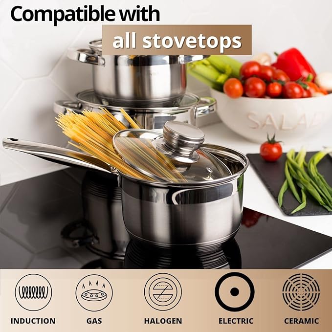 Daniks Standard 7 Quart Stainless Steel Stock Pot with Glass Lid, Try-Ply Bottom for Even Heating, Induction Compatible, Dishwasher Safe, Built-In Measuring Scale, Silver