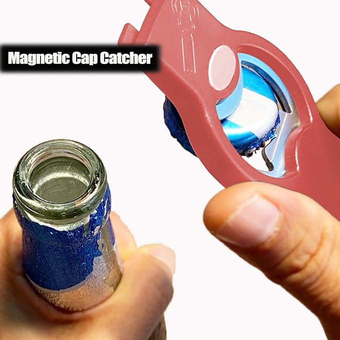 Upgraded 3-in-1 Magnetic Bottle and Can Opener for Refrigerator, Stainless Steel Manual Can Punch Opener for Liquid with Cap Catcher, Stick to Fridge, Can Tapper Church Key with Strong Magnet, Red